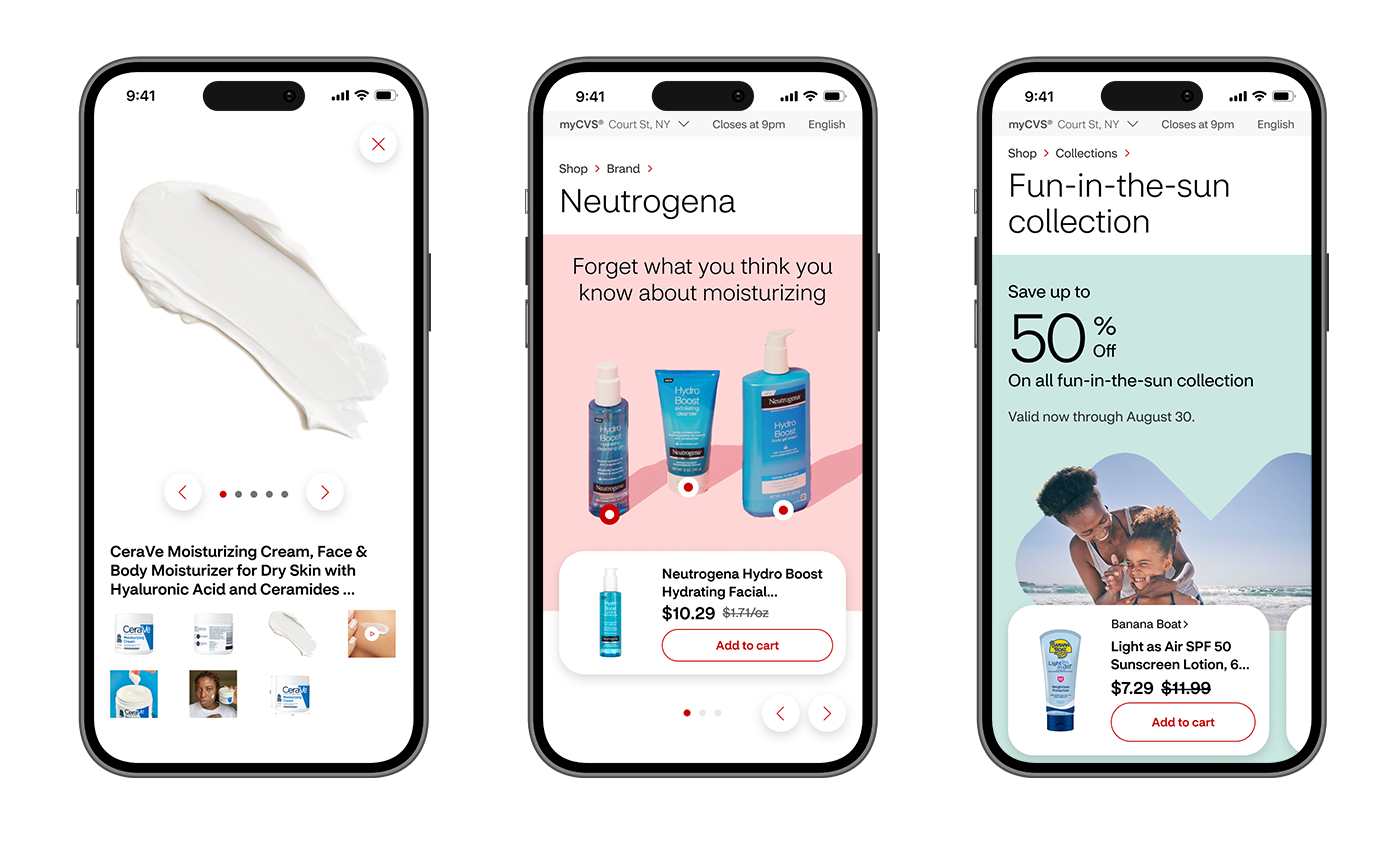 A row of 3 iPhones displaying the CVS Shop website (Product Gallery, Branded Product Landing, Fun-in-the-sun collection pages)