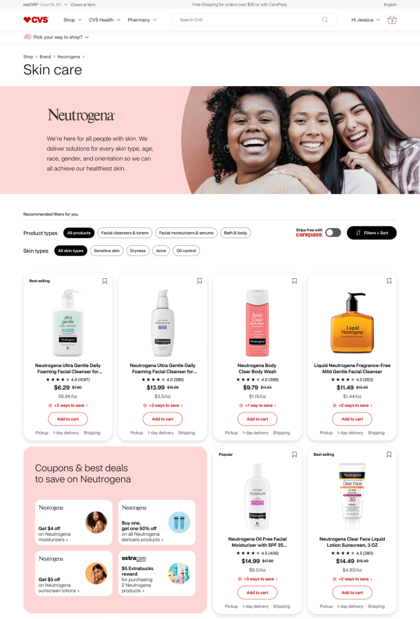 CVS Shop desktop web site (Neutrogena brand partner product listing page)