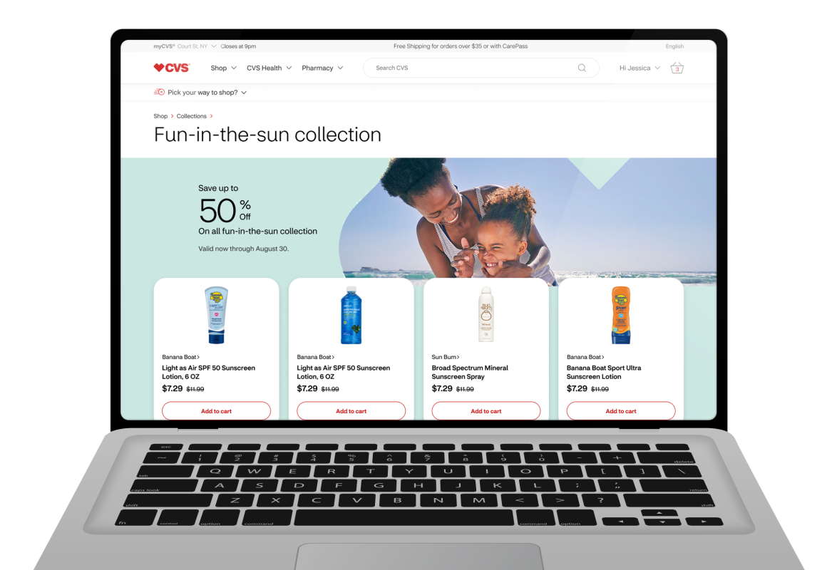 Shop at CVS Hero Image (One laptop displaying the Fun-in-the-sun collection page)