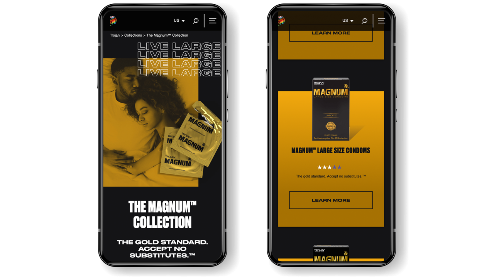 A row of 2 smartphones displaying the Trojan Condom web site (product collection page for Magnum line of of condoms)