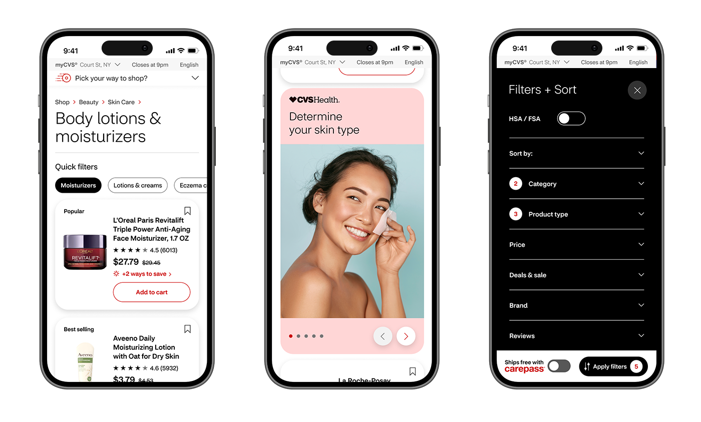 A row of 3 iPhones displaying the CVS Shop website (Product Listing Page)