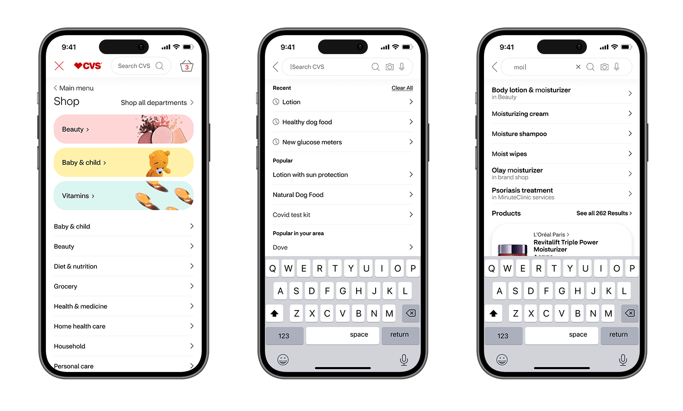 A row of 3 iPhones displaying the CVS Shop website (Navigation menu)