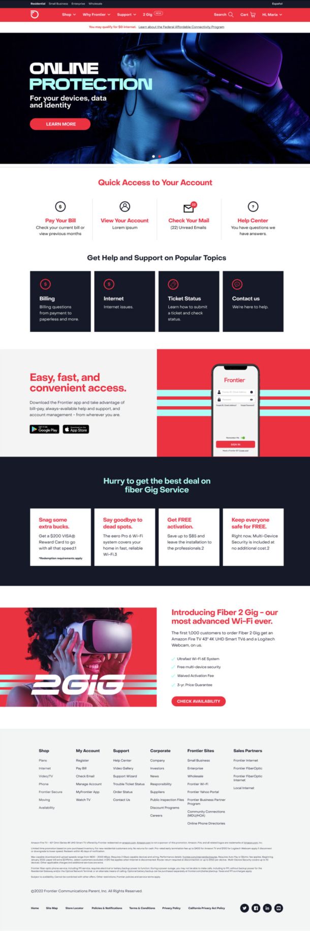 Desktop web site for Frontier Communications (Home page)