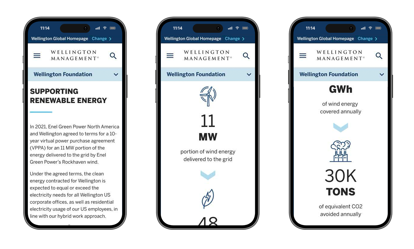 A row of 3 iPhones displaying the Wellington website (Wellington Foundation)