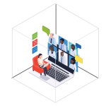 Illustration of a teleconference with 7 participants on a laptop screen, a lady is sitting on an armchair conducting the meeting