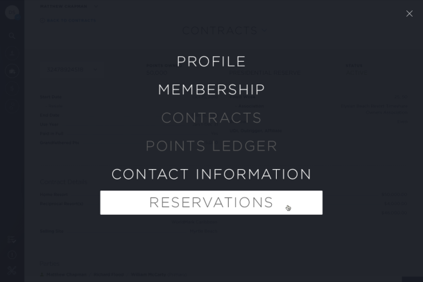 A screen of the Wyndham Voyager TRIP interface, displaying the in-app navigation menu