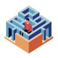 Illustration of a man navigating a maze by looking over the walls to see the maze layout