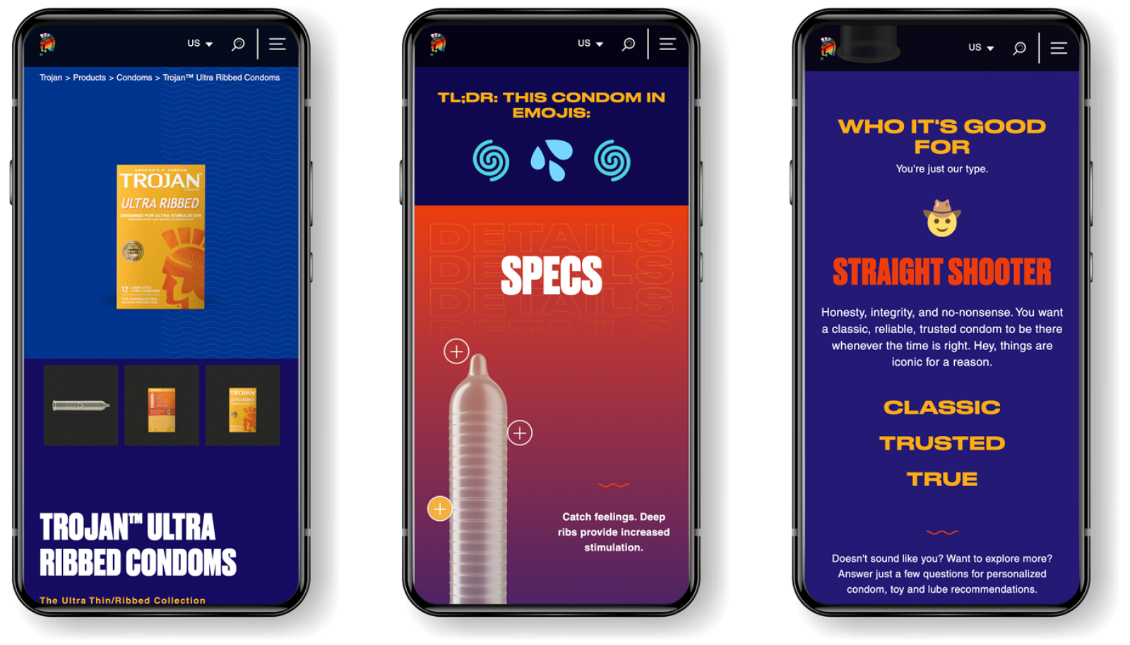A row of 3 smartphones displaying the Trojan Condom web site (product detail page for ultra ribbed condom)