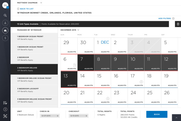 Wyndham Voyager TRIP "Resort calendar availability" screen
