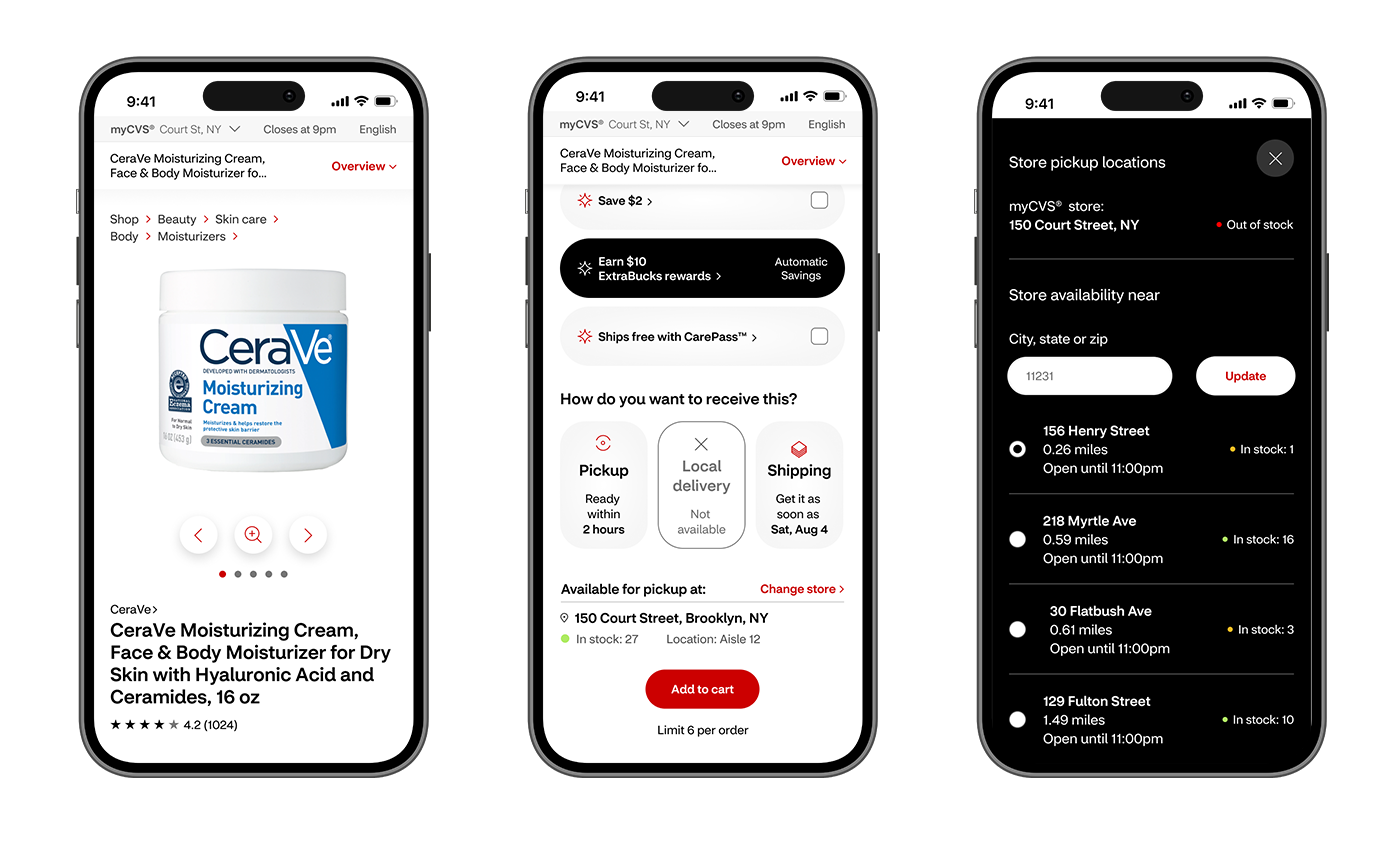 A row of 3 iPhones displaying the CVS Shop website (Product Detail Page)