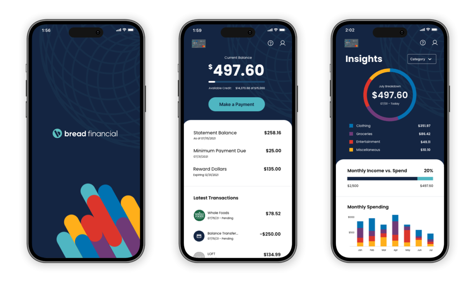 A row of three iPhones displaying screens from the Bread Financial App (1 of 3)