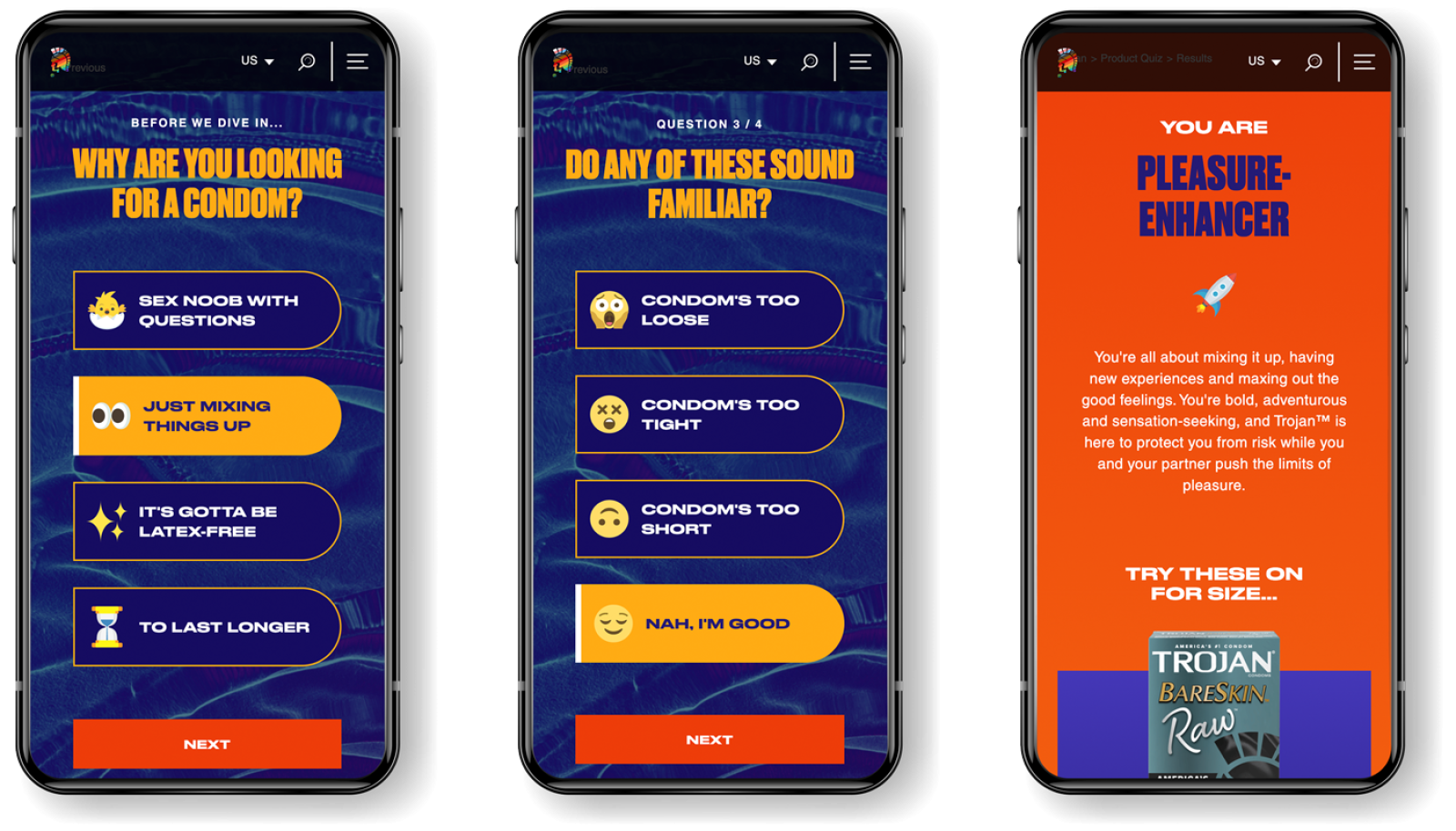 A row of 3 smartphones displaying the Trojan Condom web site (Trojan Quiz)