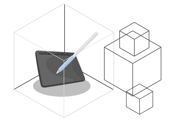 Illustration of a pen tablet contained within the outline of a cube