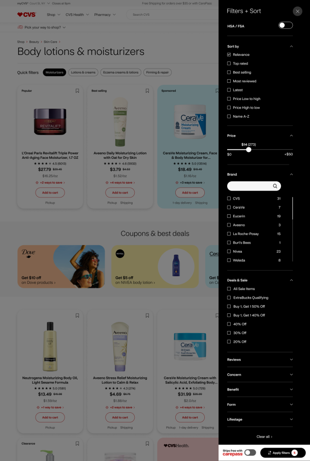 CVS Shop desktop web site (Product listing page filter drawer)