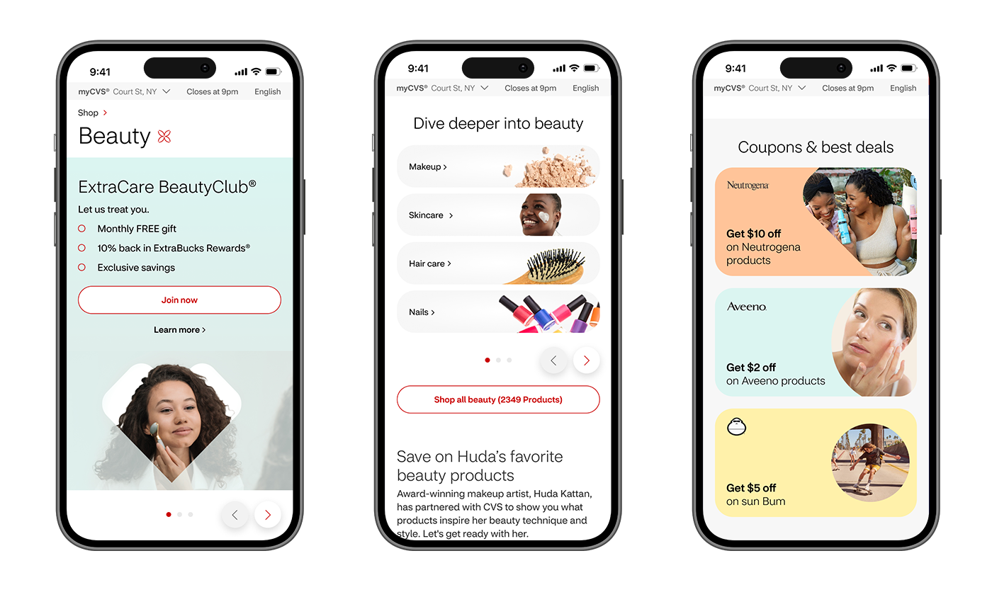 A row of 3 iPhones displaying the CVS Shop website (Beauty, Category listing page)