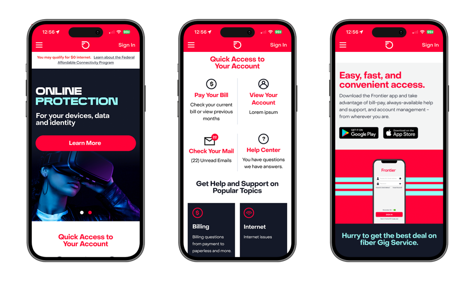 A row of 3 iPhones displaying the Frontier Communications website (Home page)