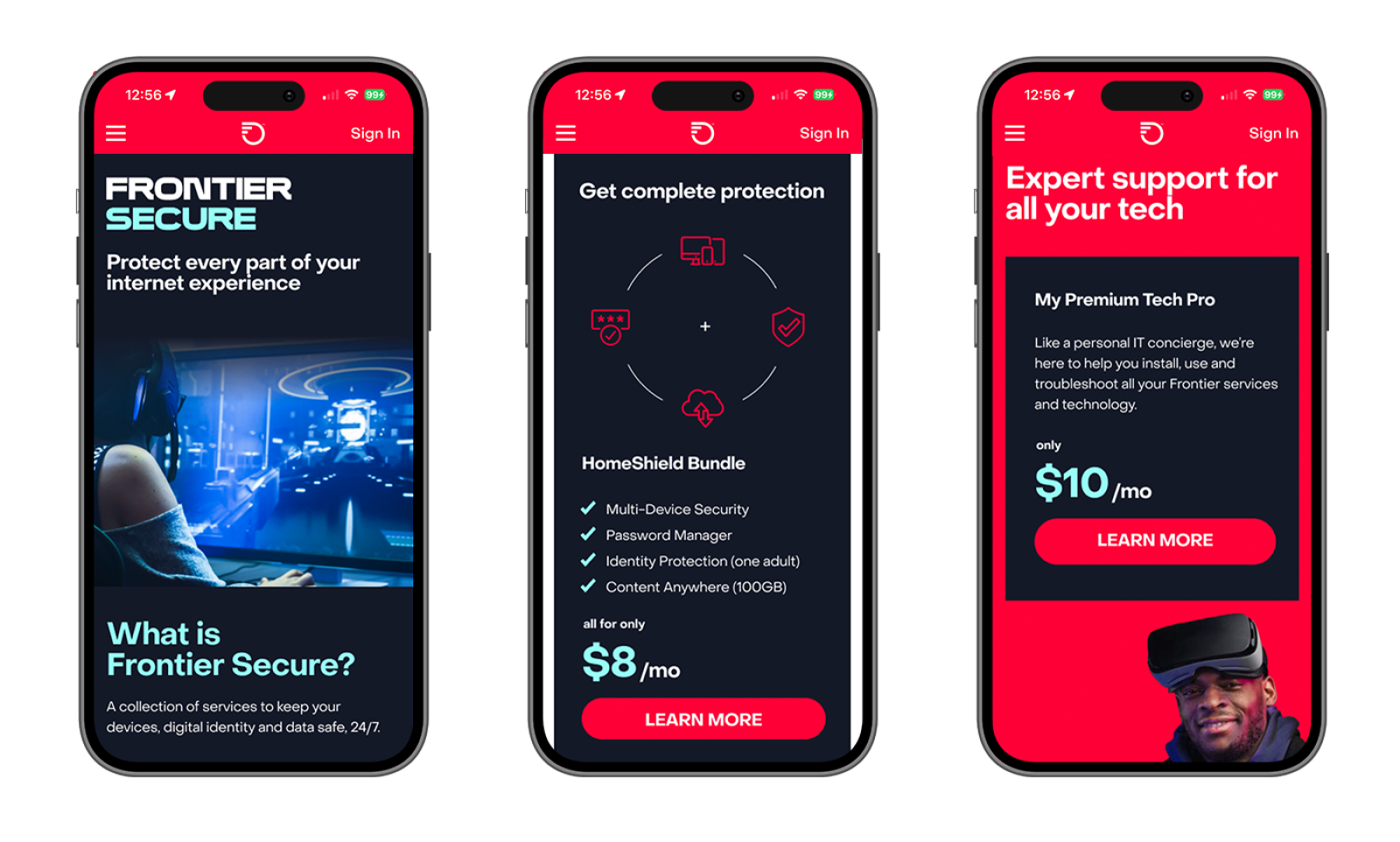 A row of 3 iPhones displaying the Frontier Communications website (Frontier Secure Page)