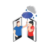 Illustration of a video call between two people, a man pops out of one phone, holding an umbrella over a woman who is crying in the rain