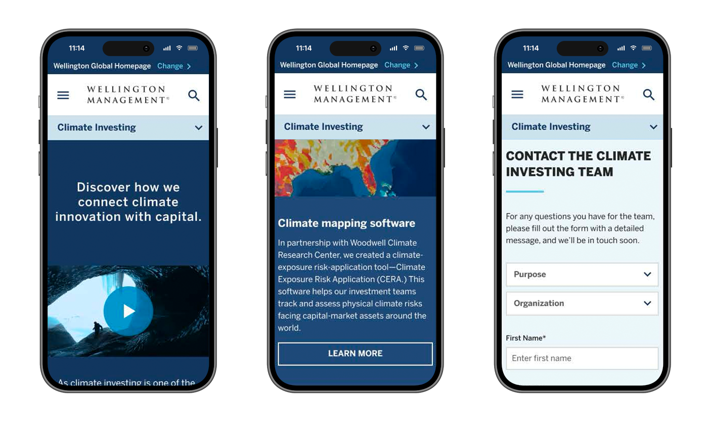 A row of 3 iPhones displaying the Wellington website (Climate Investing)