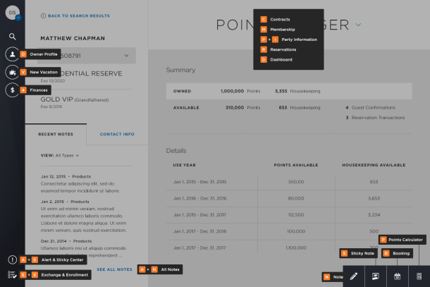 Wyndham Voyager TRIP "Owner points ledger" screen with keyboard shortcut overlay