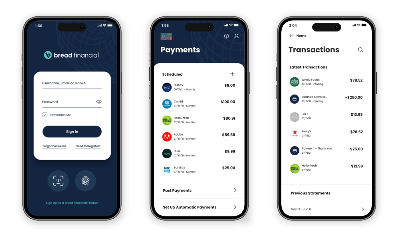 A row of three iPhones displaying screens from the Bread Financial App (2 of 3)