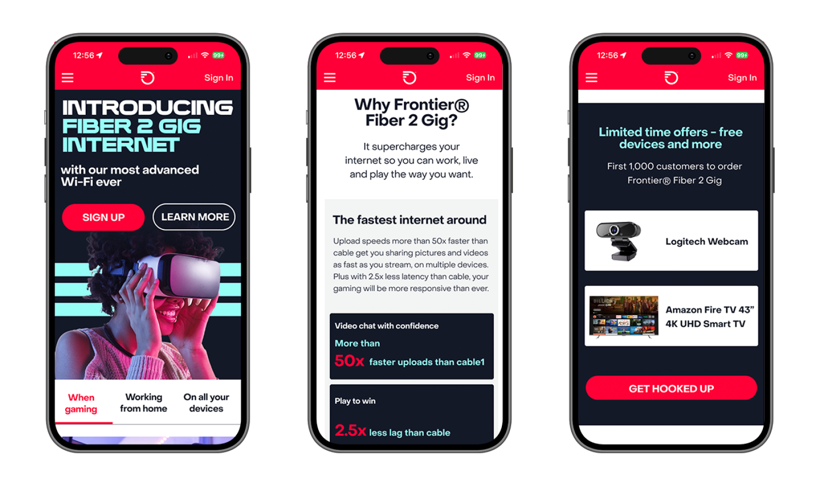 A row of 3 iPhones displaying the Frontier Communications website (2 Gig Fiber Internet page)