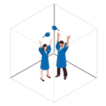 Illustration of two college graduates tossing their graduate caps in the air
