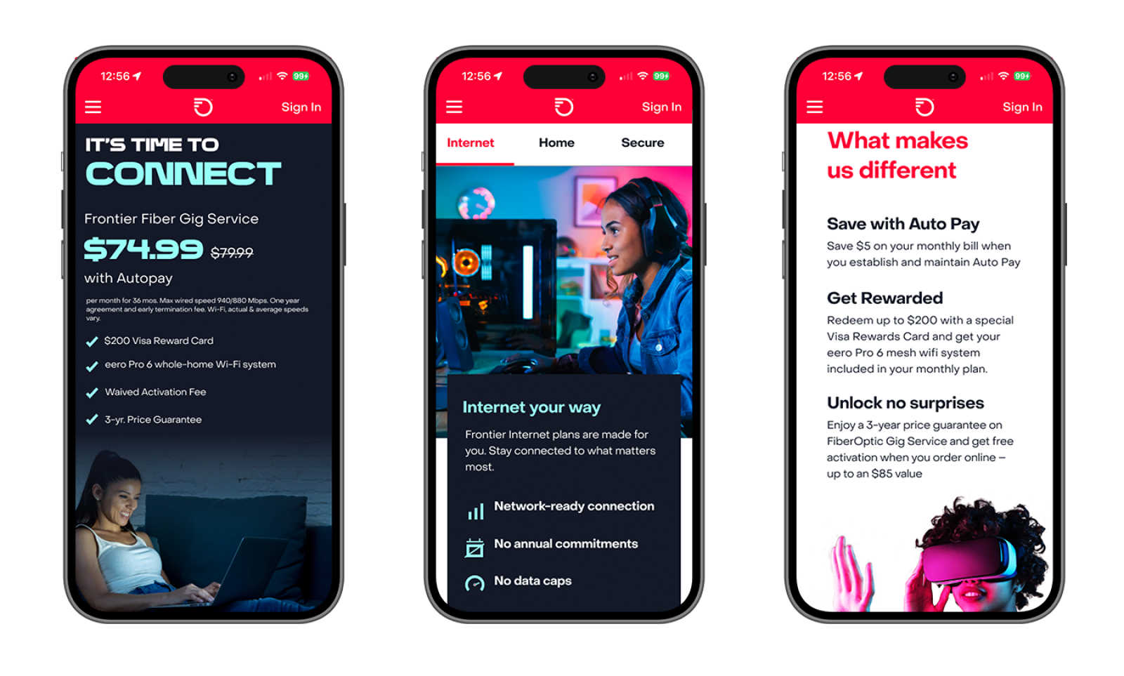 A row of 3 iPhones displaying the Frontier Communications website (Product detail page)