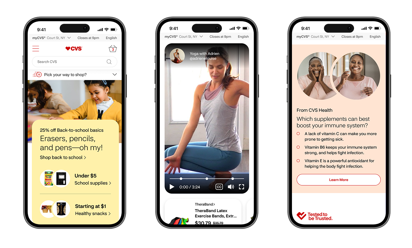 A row of 3 iPhones displaying the CVS Shop website (Home page)