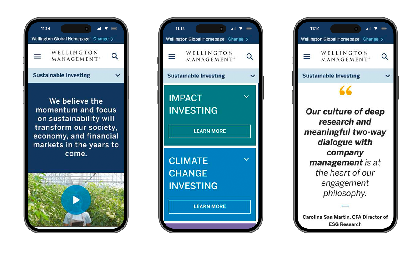 A row of 3 iPhones displaying the Wellington website (Sustainable Investing)