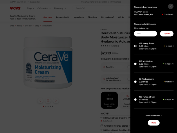 CVS Shop desktop web site ( Product detail page, pickup location selection drawer)