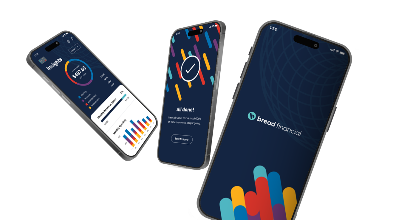 Three iPhones suspended in the air, all three display the Bread Financial App