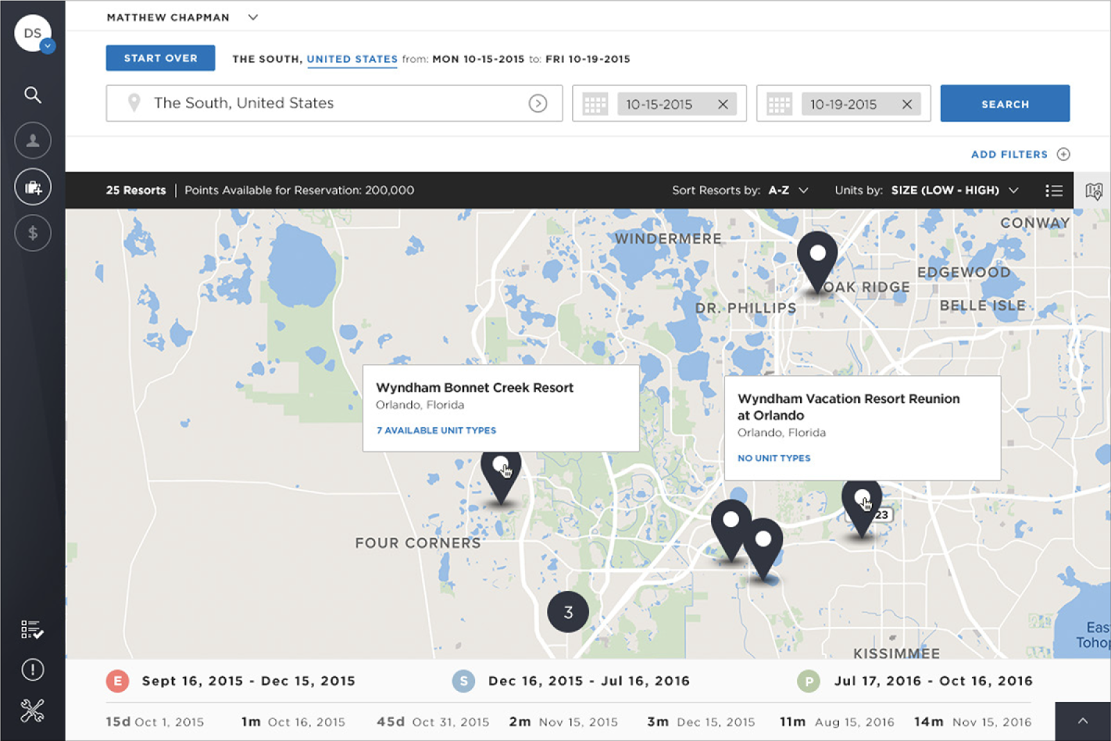 A screen of the Wyndham Voyager TRIP interface, containing a list of Wyndham Vacation resorts