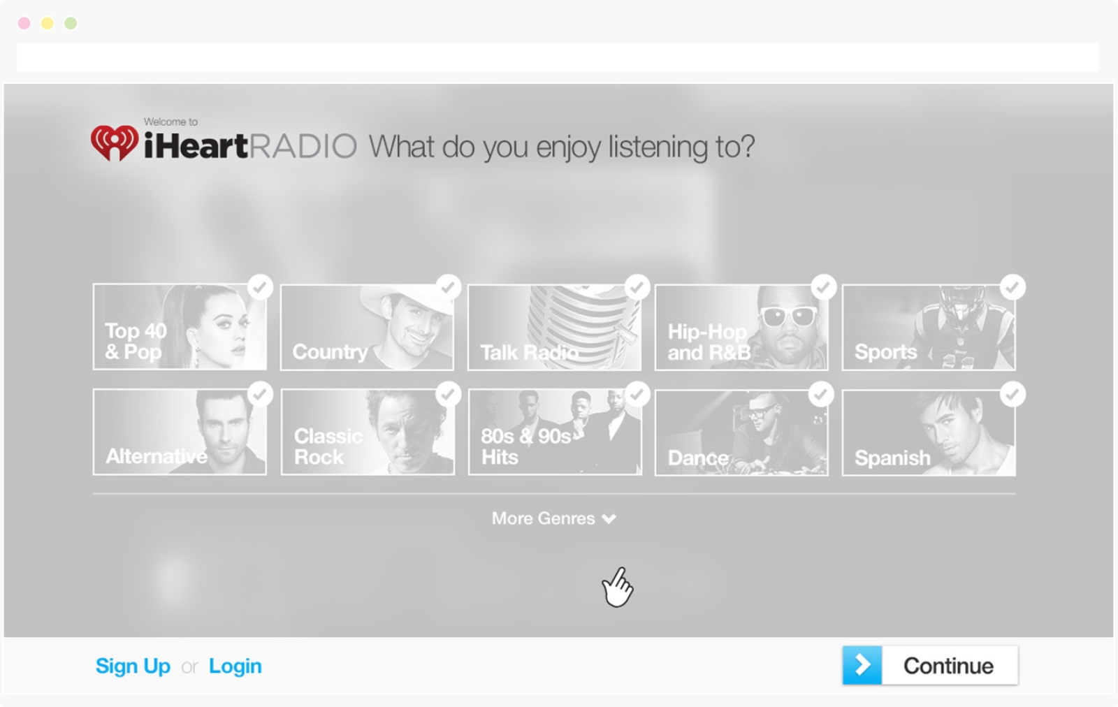 iHeart Onboarding web experience: select music categories