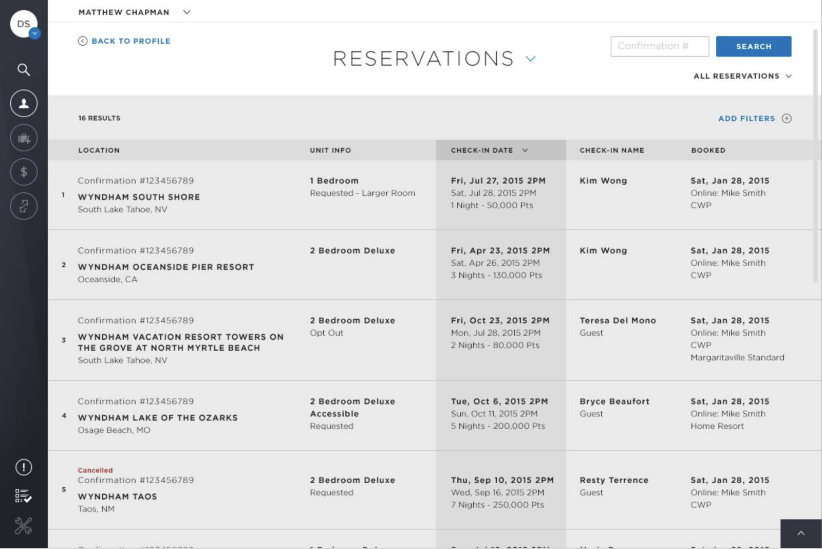 A screen of the Wyndham Voyager TRIP interface, containing a list of Wyndham Vacation resorts
