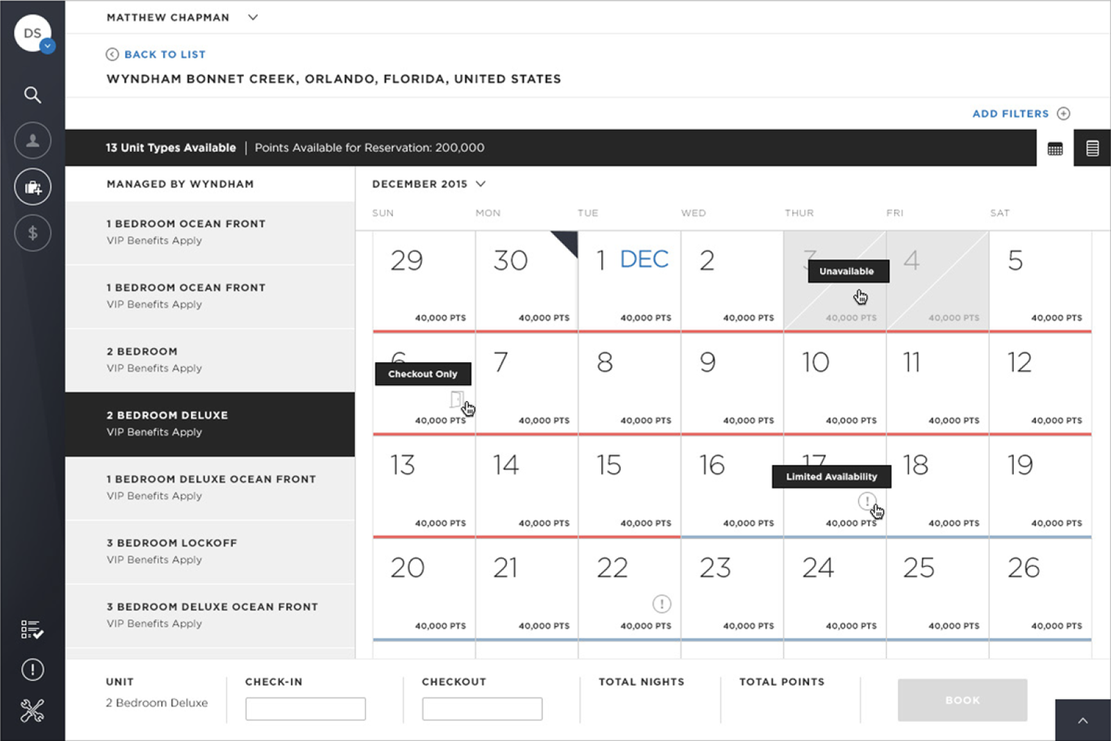 A screen of the Wyndham Voyager TRIP interface, containing a list of Wyndham Vacation resorts