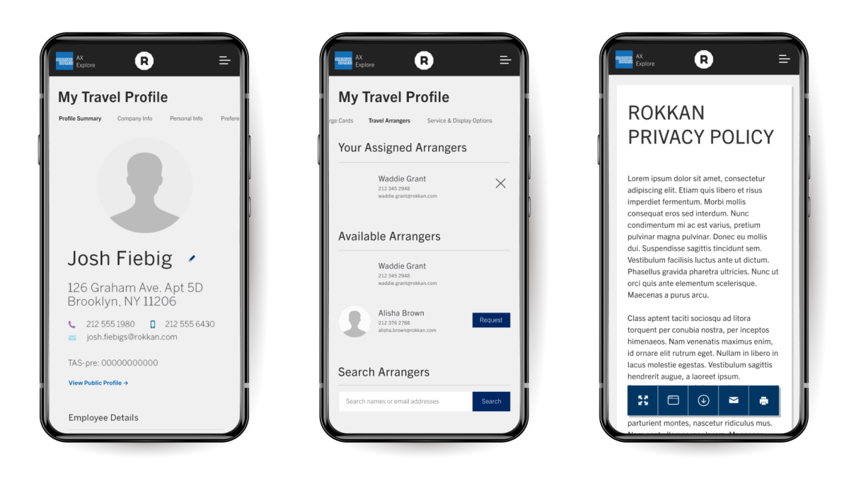Three smartphones in a row, displaying Am Ex G.B.T. screens for Profile & Policies