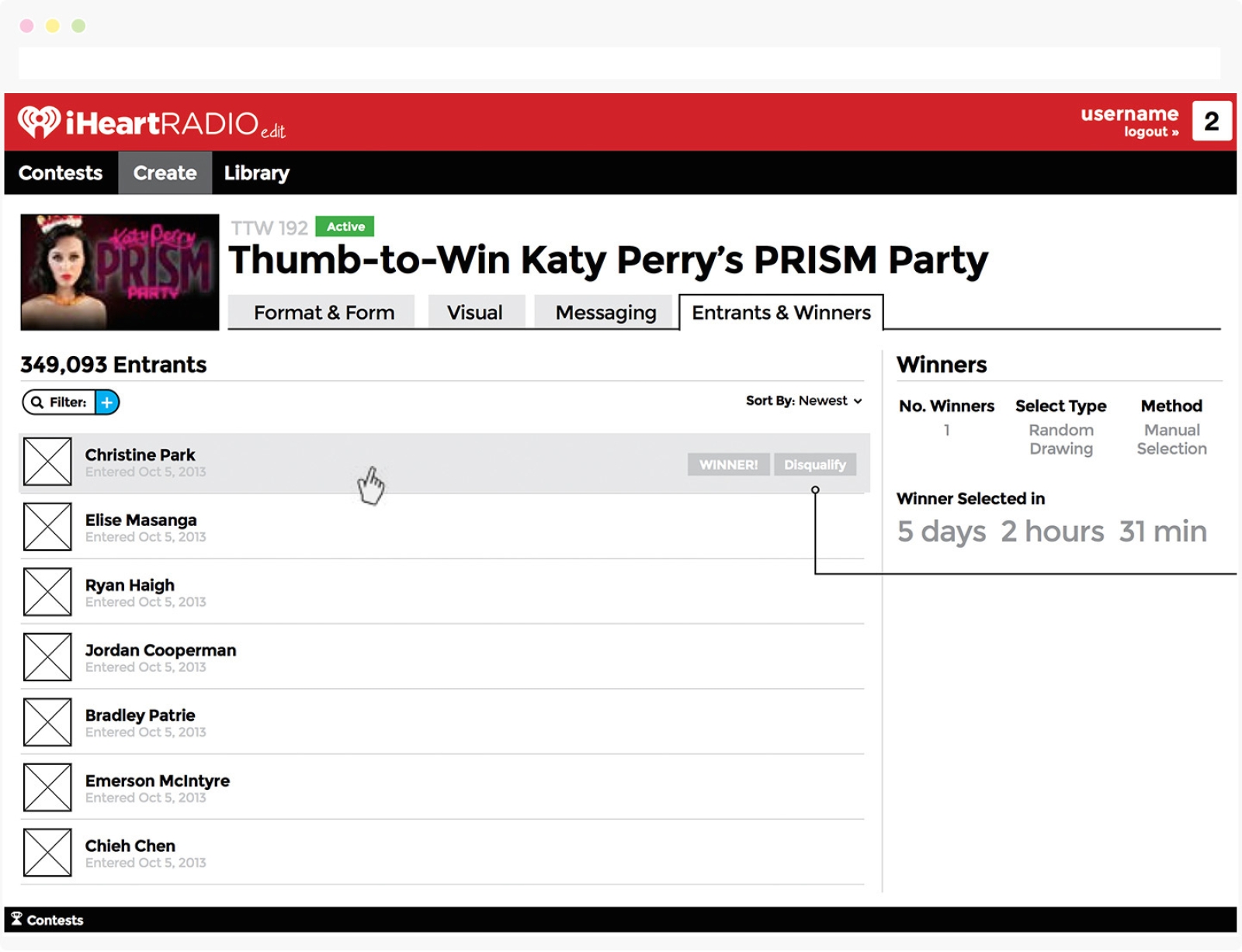 RadioEdit: Contests Tool, Entrants List (wireframe)