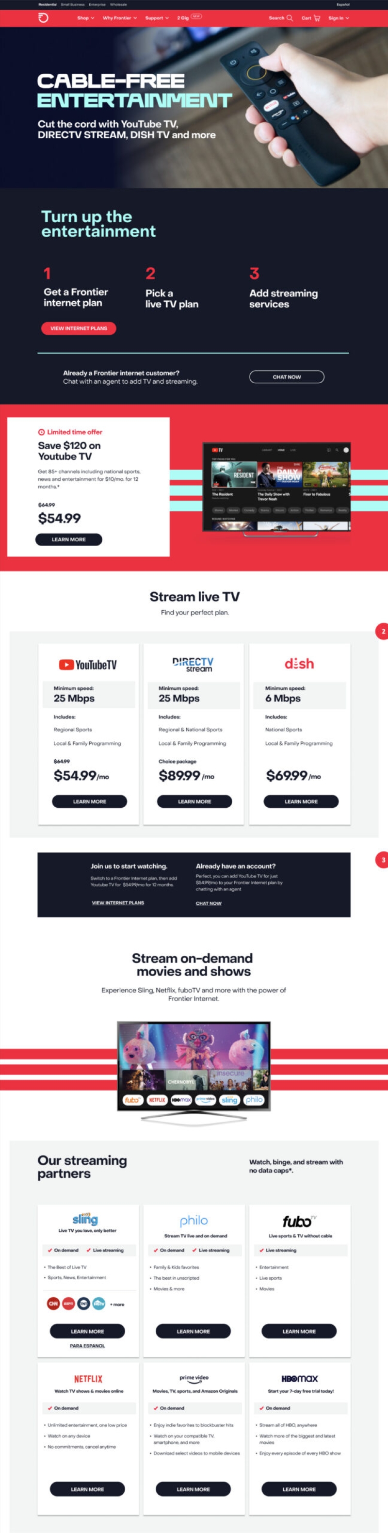 Desktop web site for Frontier Communications (Cable-free entertainment page)