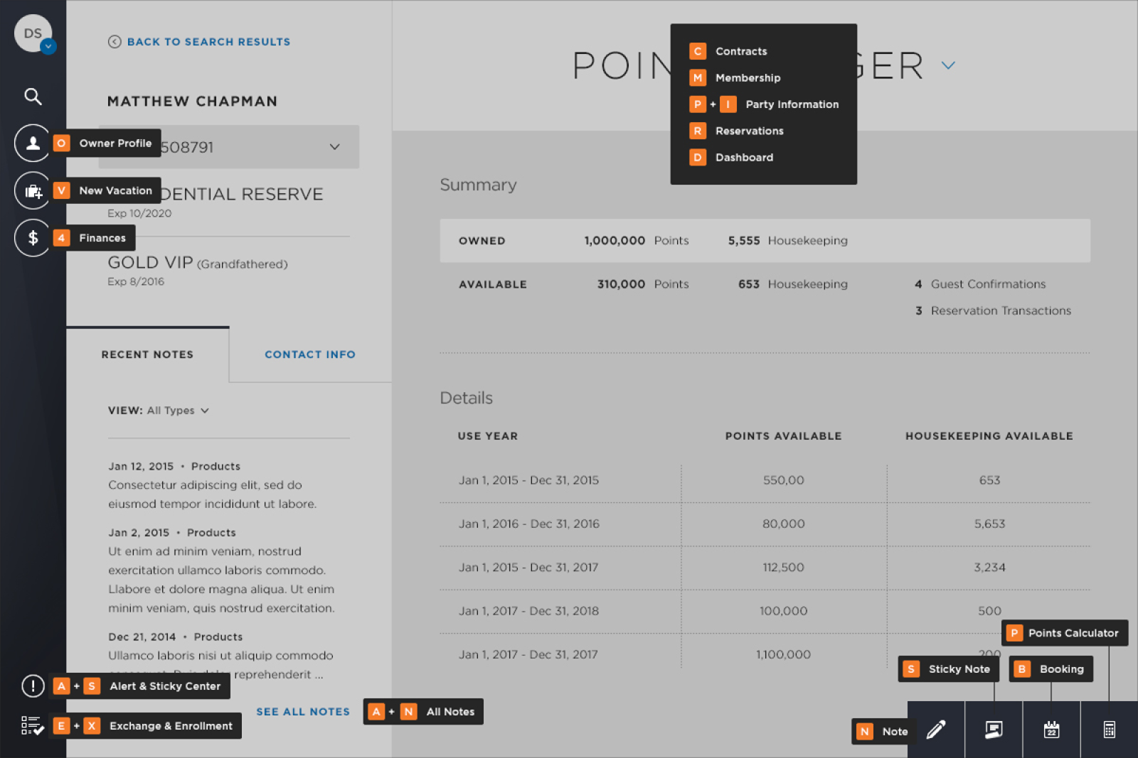 A screen of the Wyndham Voyager TRIP interface, containing a list of Wyndham Vacation resorts