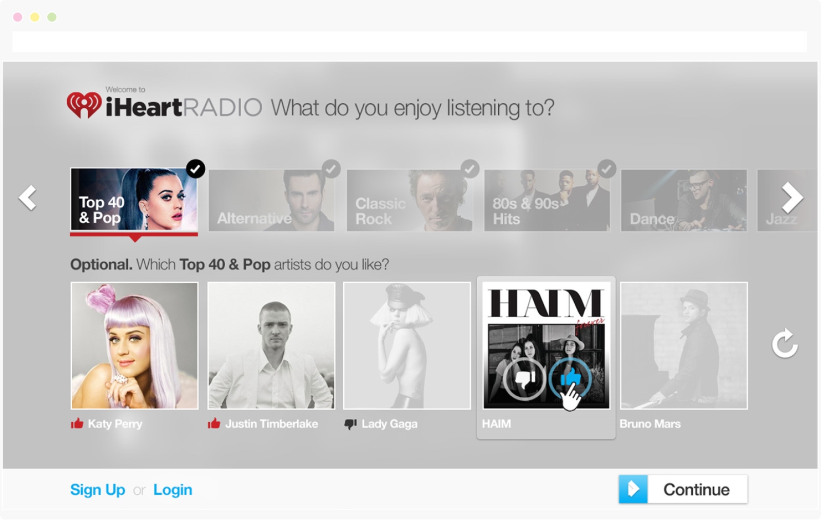 iHeart Onboarding web experience: rate artists by music genre