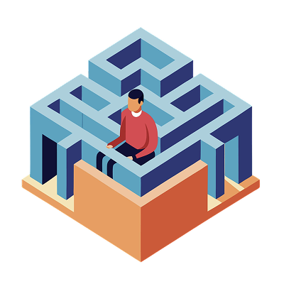 Illustration of a man navigating a maze by looking over the walls to see the maze layout