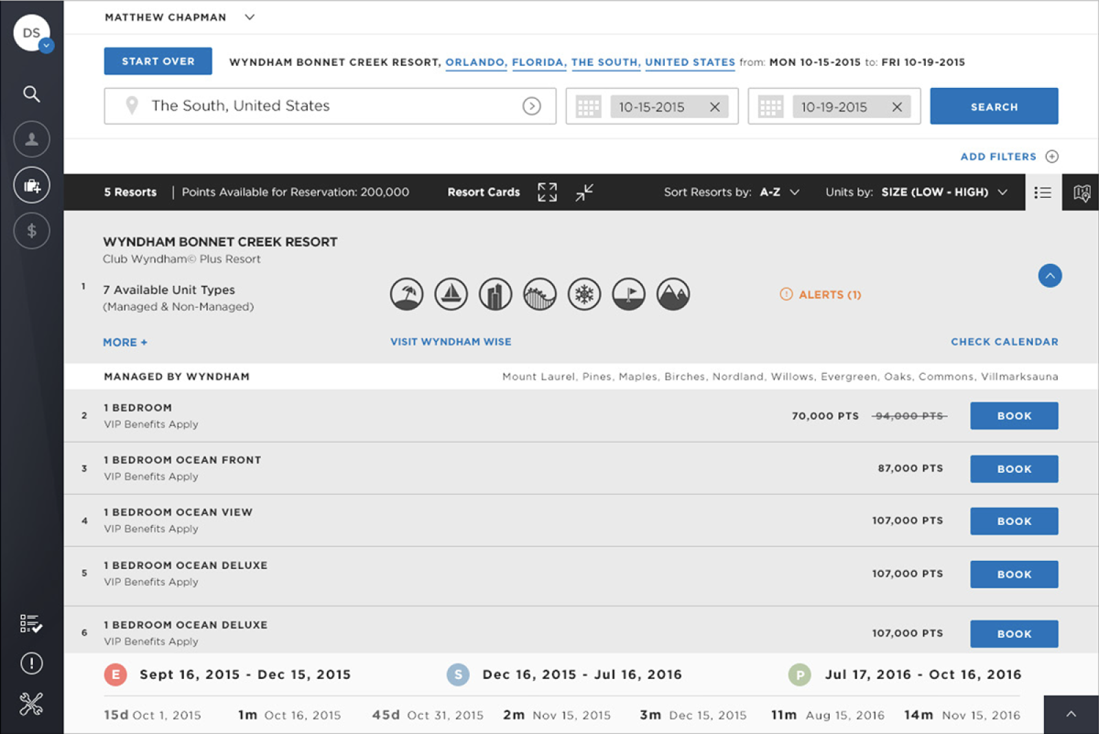 A screen of the Wyndham Voyager TRIP interface, containing a list of Wyndham Vacation resorts