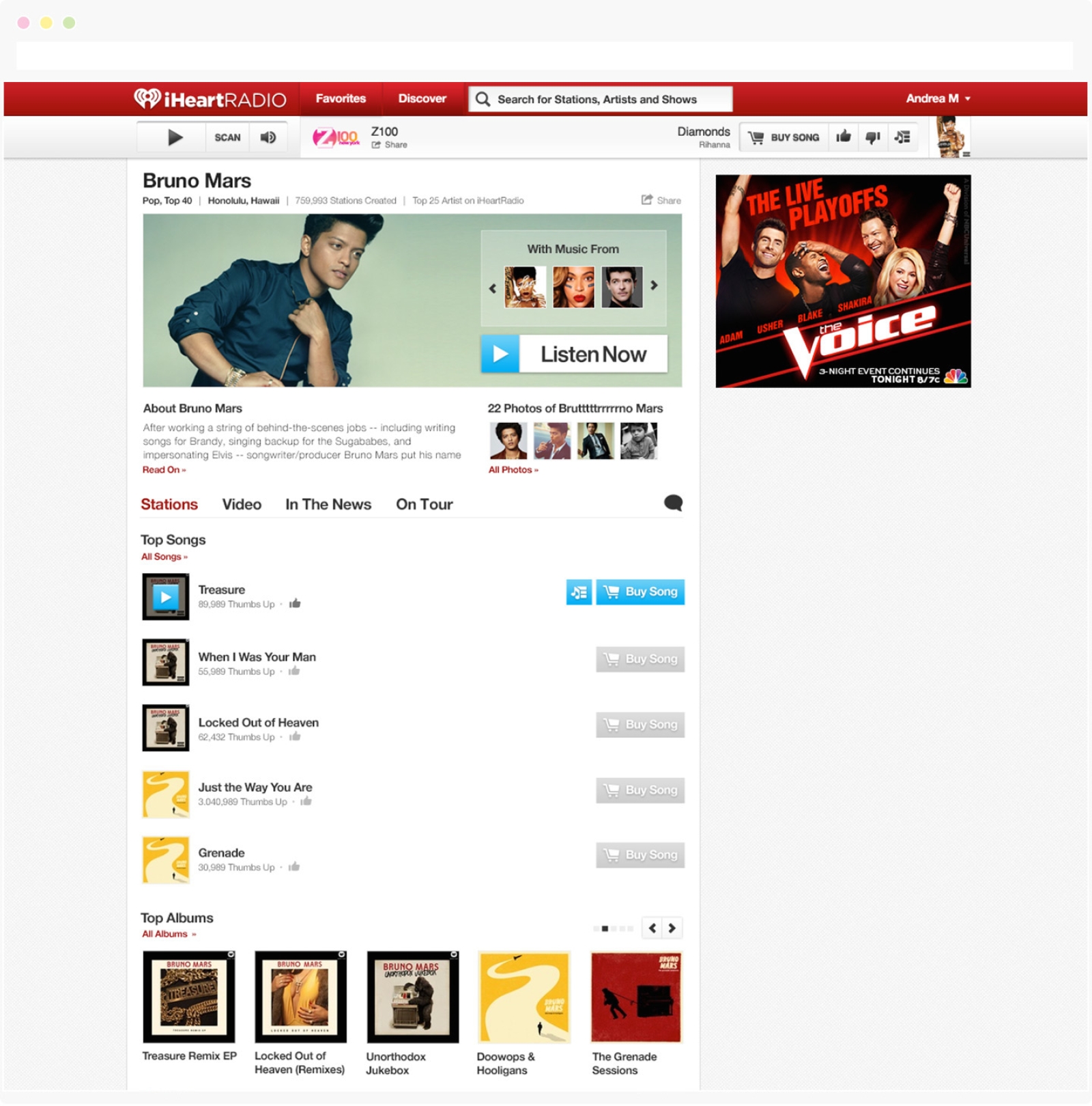 Artist page (Bruno Mars) of iHeart web site in 2013