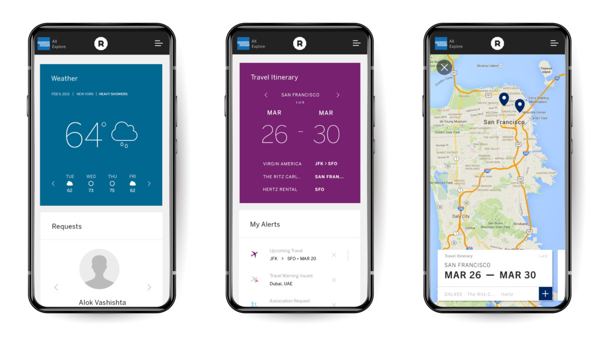 Three smartphones in a row, displaying Am Ex G.B.T. screens for Dashboard and Map