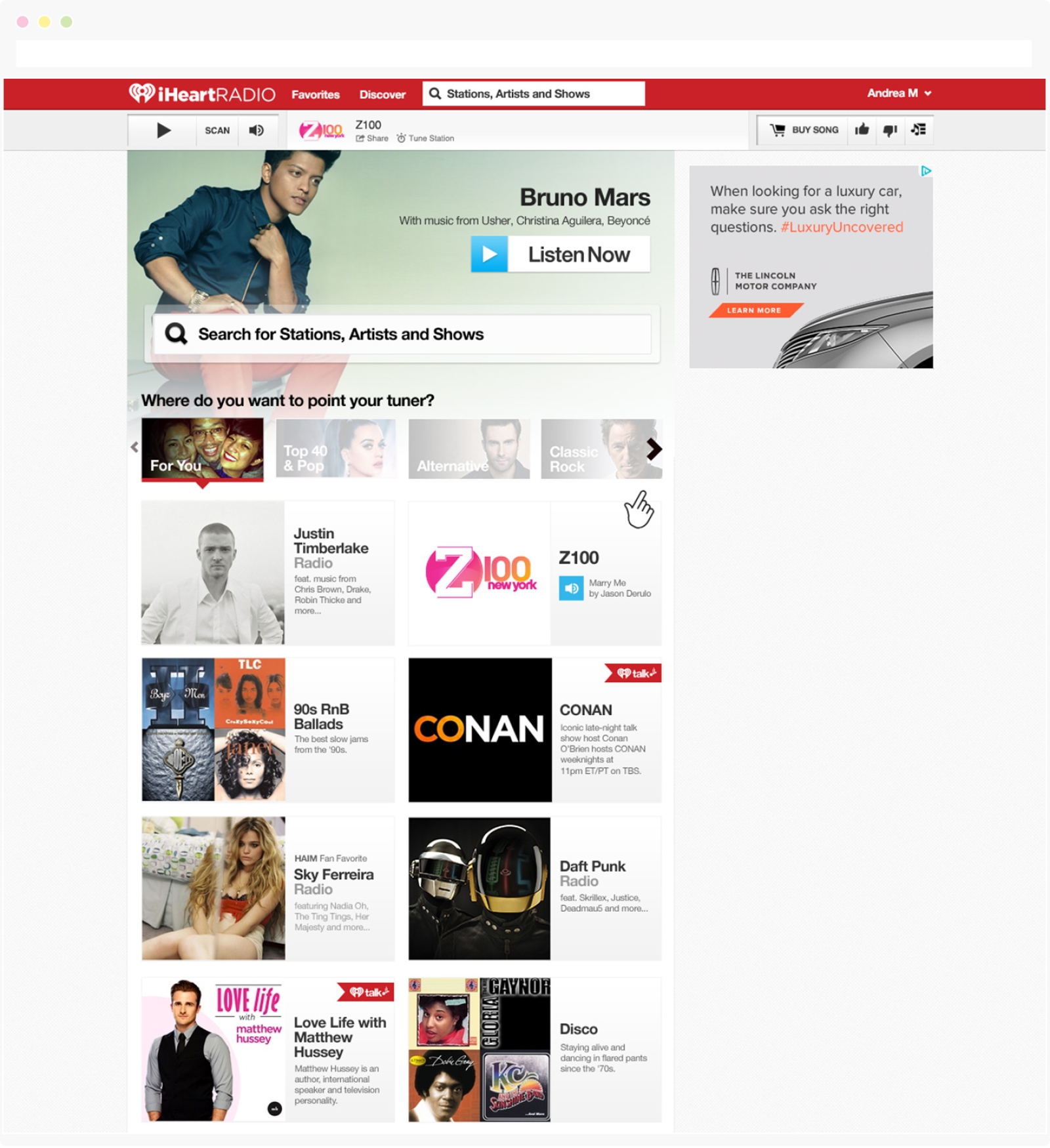 Home page of iHeart web site in 2013