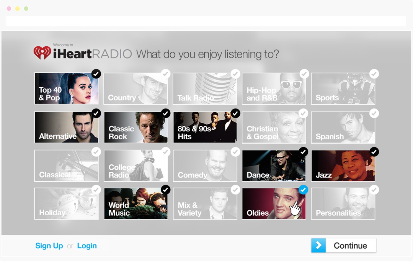 iHeart Onboarding web experience: select artists