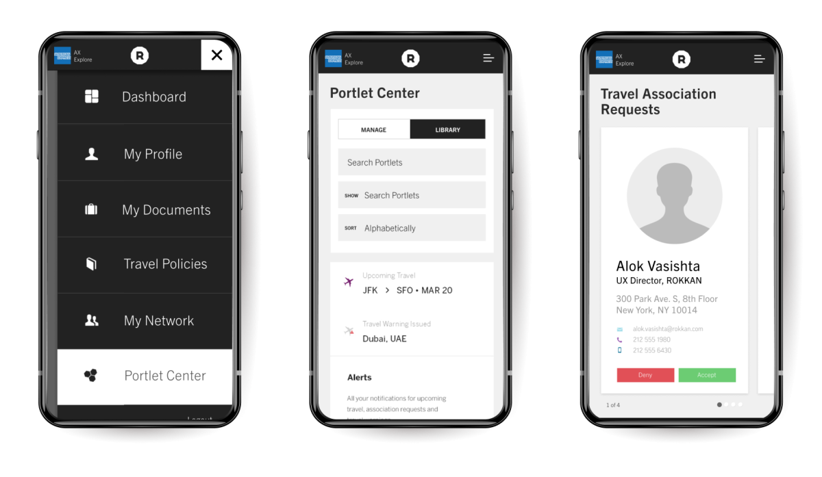 Three smartphones in a row, displaying Am Ex G.B.T. screens for Nav and Management