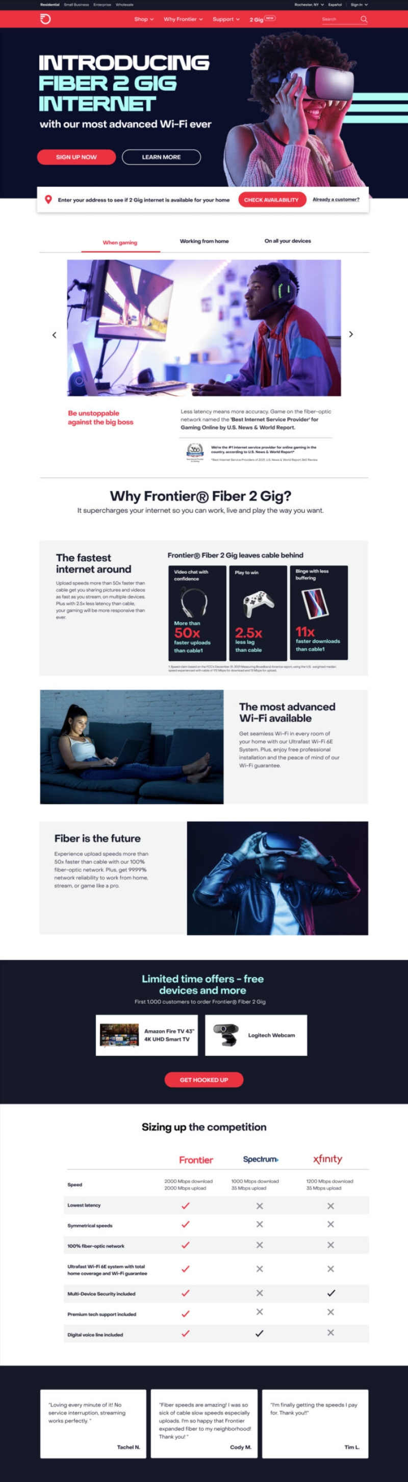 Desktop web site for Frontier Communications (2 Gig internet page)