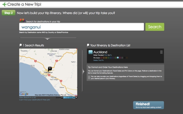 Create a new trip page, add a destination